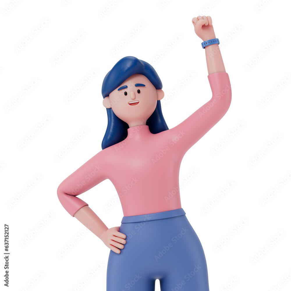 A 3D cartoon character raising his a hand, celebrating success, happy and success concept, 3d rendering,conceptual image, isolated on white background.