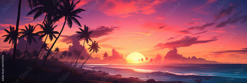 Tropical sunset with palm trees silhouette and beautiful dusk colorful sky background.