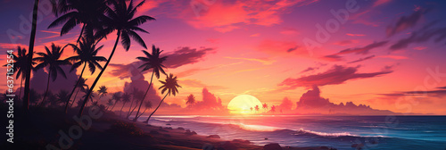 Tropical sunset with palm trees silhouette and beautiful dusk colorful sky background.