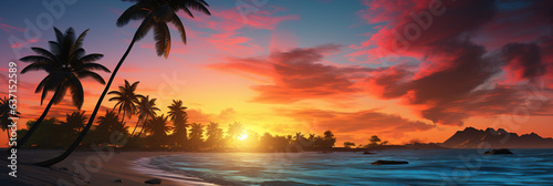Tropical sunset with palm trees silhouette and beautiful dusk colorful sky background. photo