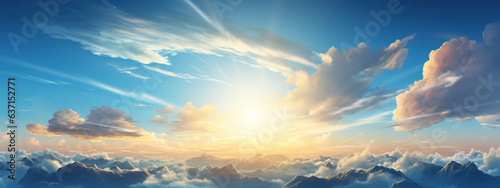 Blue sky with clouds and sun sunshine sunbeams sun rays © arhendrix