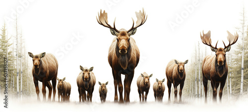 Wildlife forest woods animals wild moose banner panorama long - Collection of mooses animal (alces alces) family with baby, isolated on white background