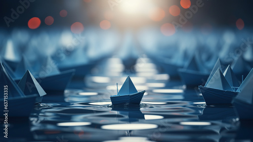 Leadership concept using blue paper boats among white photo