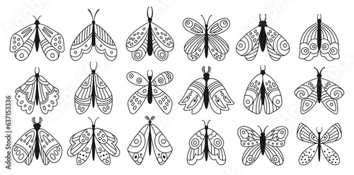 Butterfly or moth tattoo, mystical doodle boho set. Retro bohemian insects with ethnic decoration ornament wings. Fantasy celestial moth flying magic insects mystical butterfly line folk ornate vector