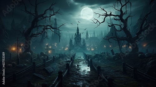 Halloween background. Tombston(graveyard) with moon and dark forest. Halloween design with copyspace