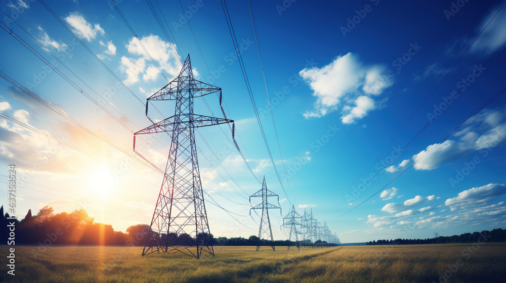 Electricity background banner panorama - Voltage power lines / high voltage electric transmission tower with blue sky and shining sun - obrazy, fototapety, plakaty 