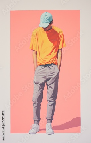 Normcore guy — in retro vintage Risograph style print. HD image in screenprint texture cutout detail — Pink, yellow, cyan