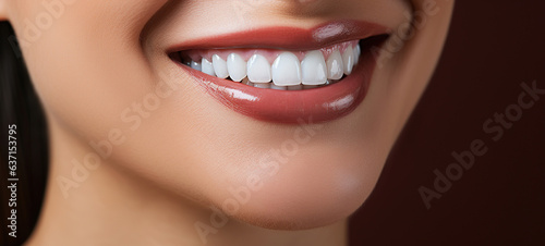 Closeup A beautiful woman smiling with white perfect teeth mouth