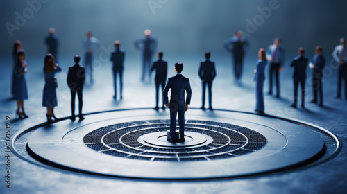 Business team concept leader indicating direction of movement towards the target crowd of white people go for the leader of the blue