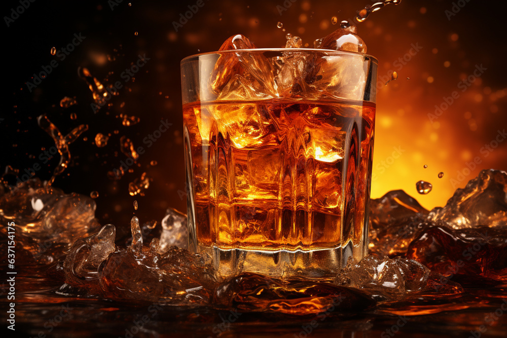 whiskey splash in glass. Whiskey with ice cubes and splash on black background, closeup. Generative AI