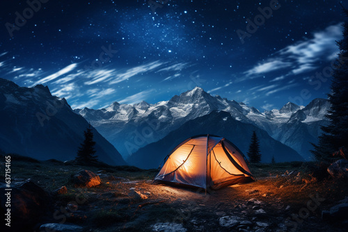 camping in the mountains. Tourist tent in the mountains at night with starry sky. Travel concept. Generative AI © Oleksandra