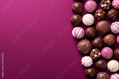 Assorted chocolates and marshmallows on a pink background. Copy space. Chocolate with berries and candy on wooden background. Valentines Day holiday. Generative AI