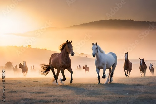 horses on the beach at sunset Generative AI