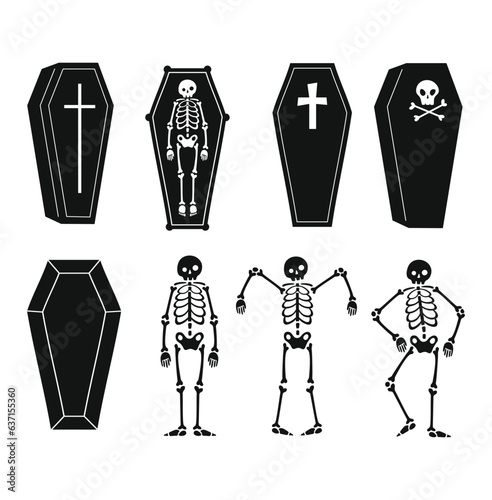 Vector illustration of coffin and skeleton Halloween theme silhouette isolated on white background