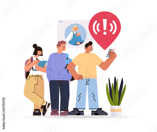 people using smartphone with exclamation alarm caution warning notification mark on screen emergency alert concept