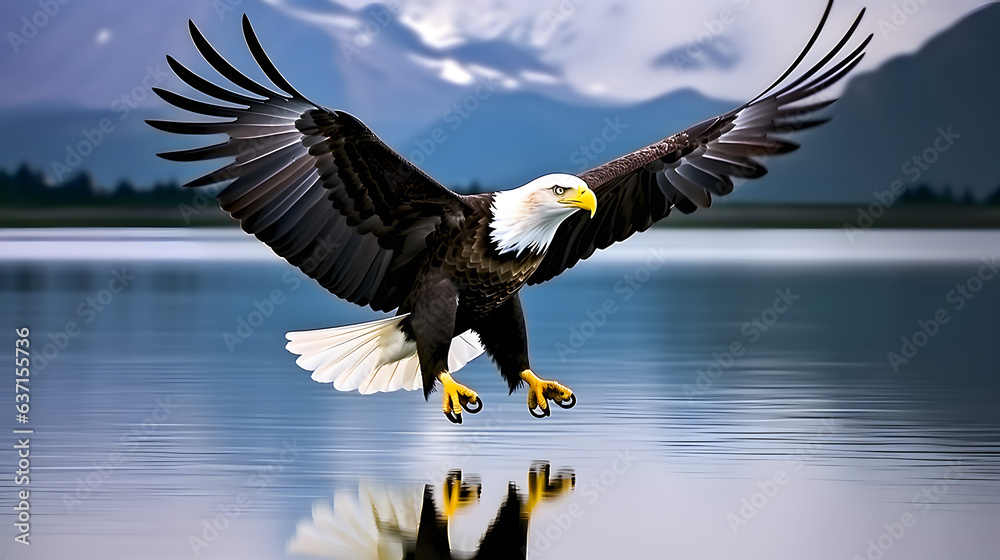 Fototapeta premium American bald eagle hunting at lake