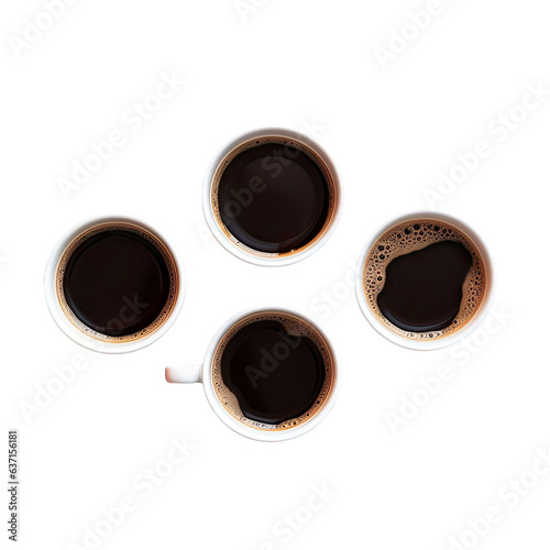 Three cups of black coffee placed on a transparent background with a white cup and selective focus