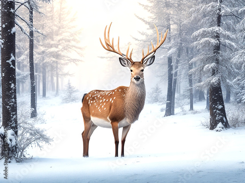 Noble deer male in winter snow forest Artistic 
