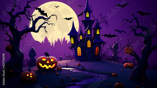 Halloween backgroundn with pumpkins castle and bats.Halloween background with Evil Pumpkin. Spooky, Holiday event halloween banner background concept, way dark forest photo