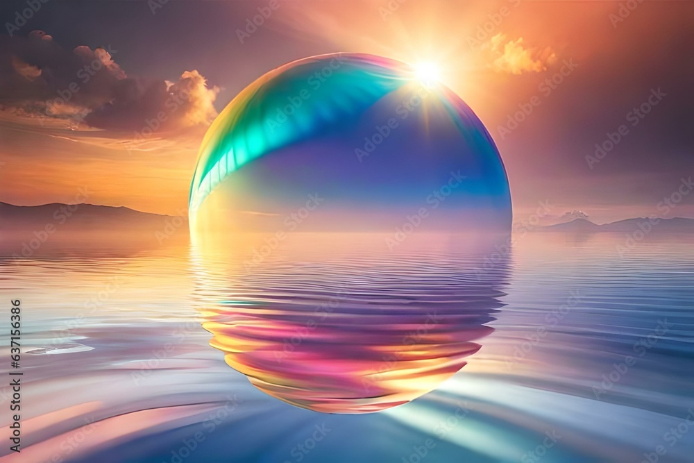 A mesmerizing iridescent soap bubble floating in mid-air, reflecting vibrant colors against a multicolored background