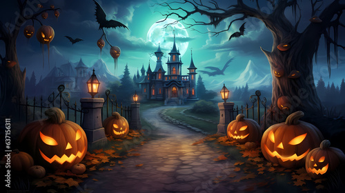 Halloween backgroundn with pumpkins castle and bats.Halloween background with Evil Pumpkin. Spooky, Holiday event halloween banner background concept photo