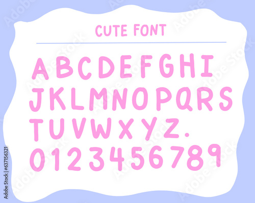 Cute pink hand written font alphabet on transparent png background with uppercase letters, numbers and cute trendy frame