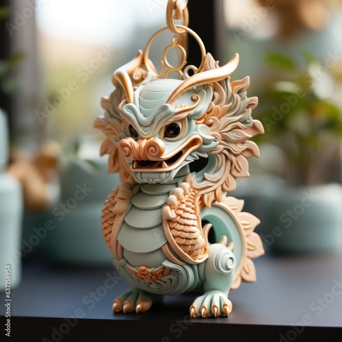 charming figurine with an ornament in the form of the Dragon zodiac on the table on a blurred background.  © Margo_Alexa