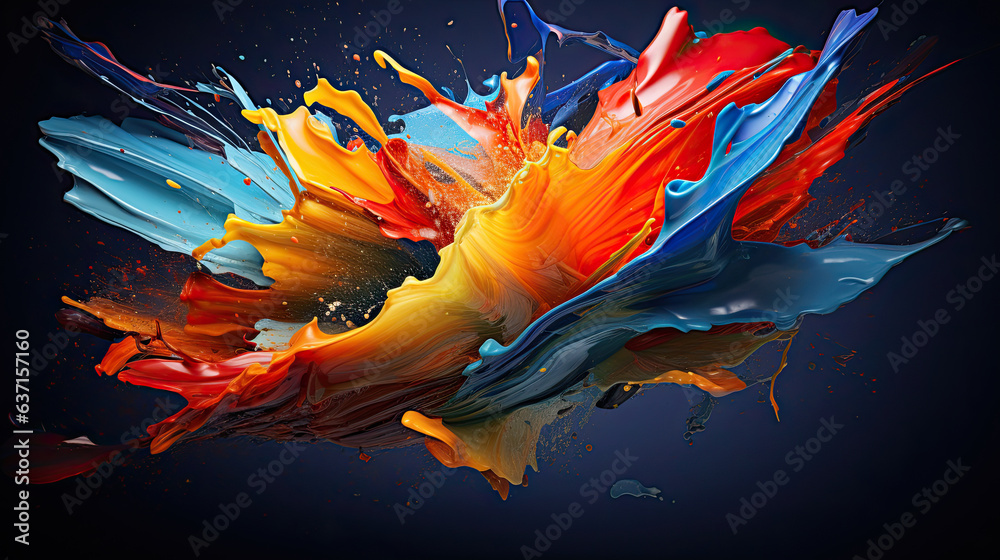 A colorful orange and blue paint explosion on a dark background, flowing forms, wallpaper, desktop background