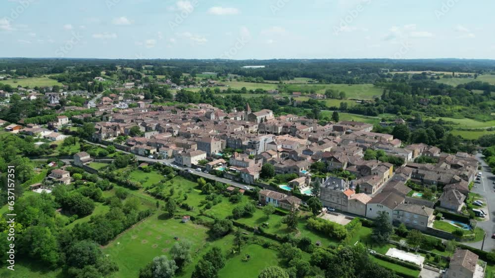 Monpazier town France drone,aerial reverse Monpazier town France drone,aerial reverse
