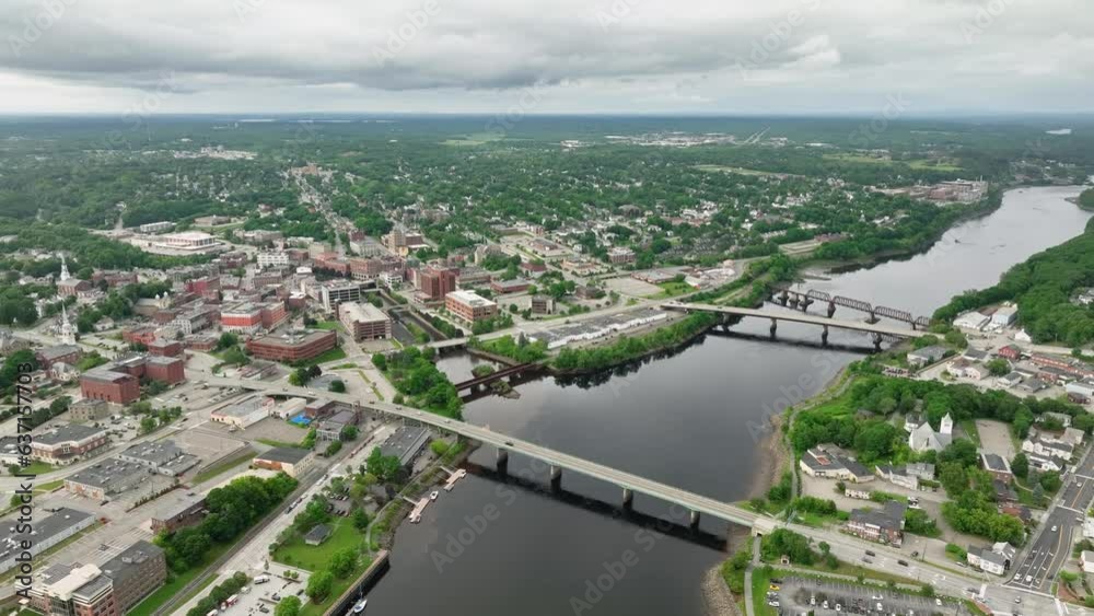 Drone shot of Bangor, Maine's burgeoning downtown on the Penobscot River. Drone shot of Bangor, Maine's burgeoning downtown on the Penobscot River.
