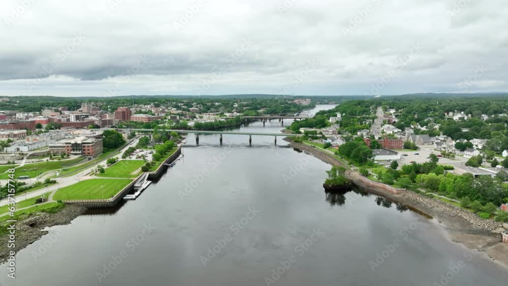 Aerial view over the Penobscot River flying towards a bridge. Aerial view over the Penobscot River flying towards a bridge.