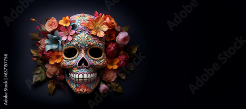 Festive Day of the Dead Skull Mask with Floral Adornments, Vibrant Banner with Space for Text
