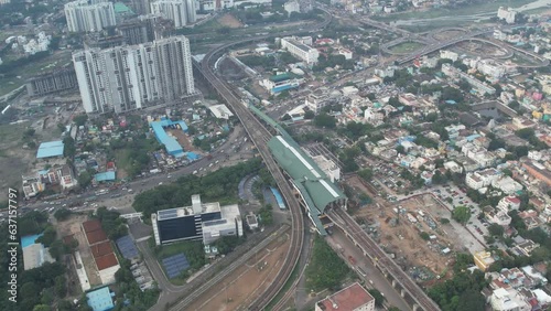 Aerial view of Chennai Koyembedu Metro Rail Station and its surroundings. photo