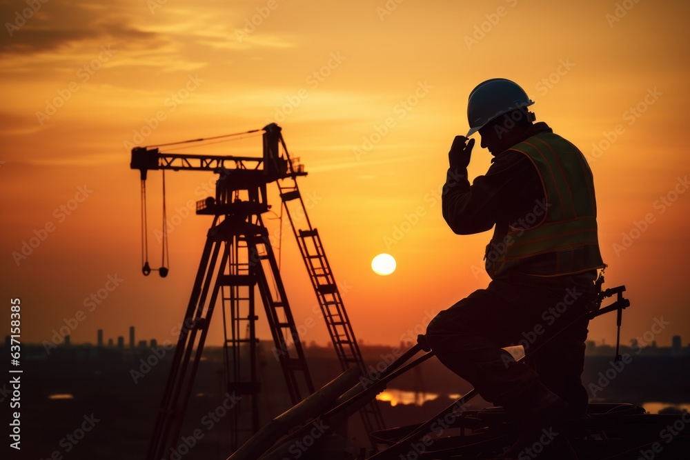 Silhouette engineer standing to receive instructions for construction team working in heavy industry at high altitude and safety over pastel colors at sunset blurred nature background.