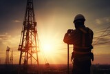 Silhouette engineer standing to receive instructions for construction team working in heavy industry at high altitude and safety over pastel colors at sunset blurred nature background.