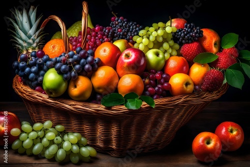 A basket filled with an assortment of colorful fresh fruits harvested from a garden