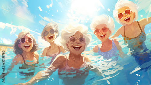 Eldery women taking a selfie in a swimming pool