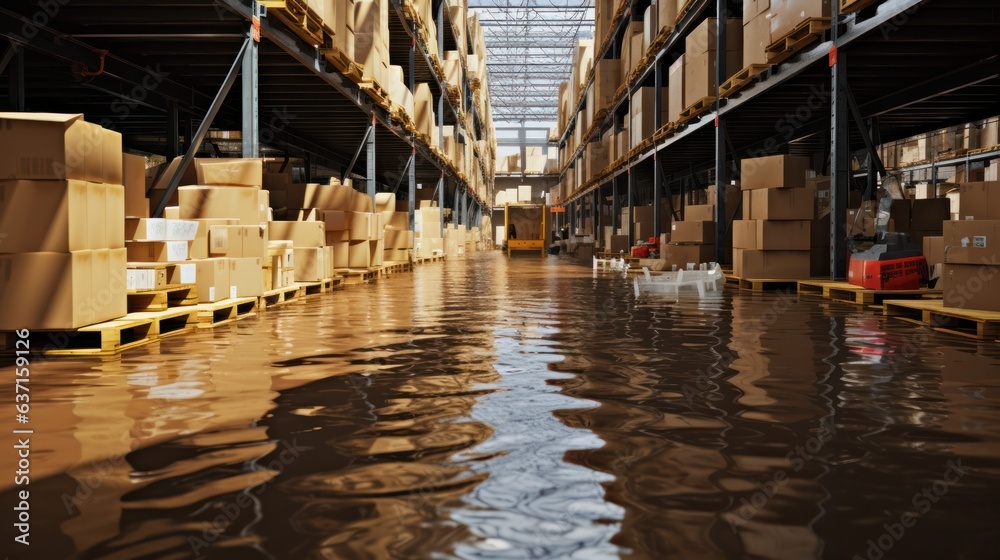 Flooded warehouse with cardboard boxes floating on water due to flooding. natural disaster insurance Flooded warehouse with cardboard boxes floating on water due to flooding. natural disaster insurance