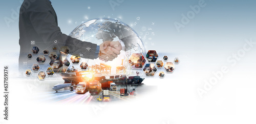 Smart logistics and transportation. Concept, Businessman making handshake for successful business, investment deal teamwork on logistic global network distribution on world map background