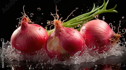 fresh onion splashed with water on black and blurred background