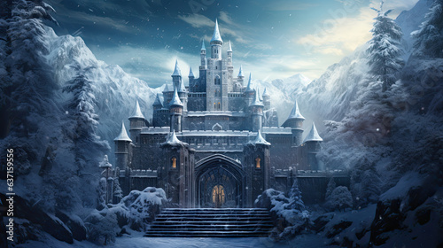 Fantasy snow castle, winter landscape, medieval architecture