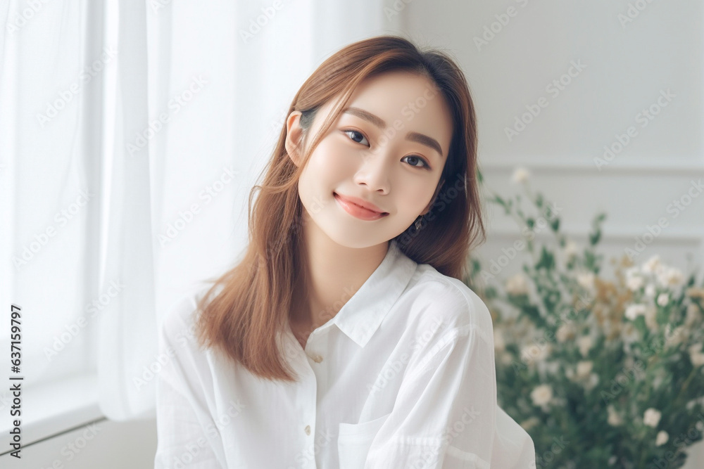 リビングでの若い女性の笑顔のポートレート　AI生成画像　ジェネレーティブAI