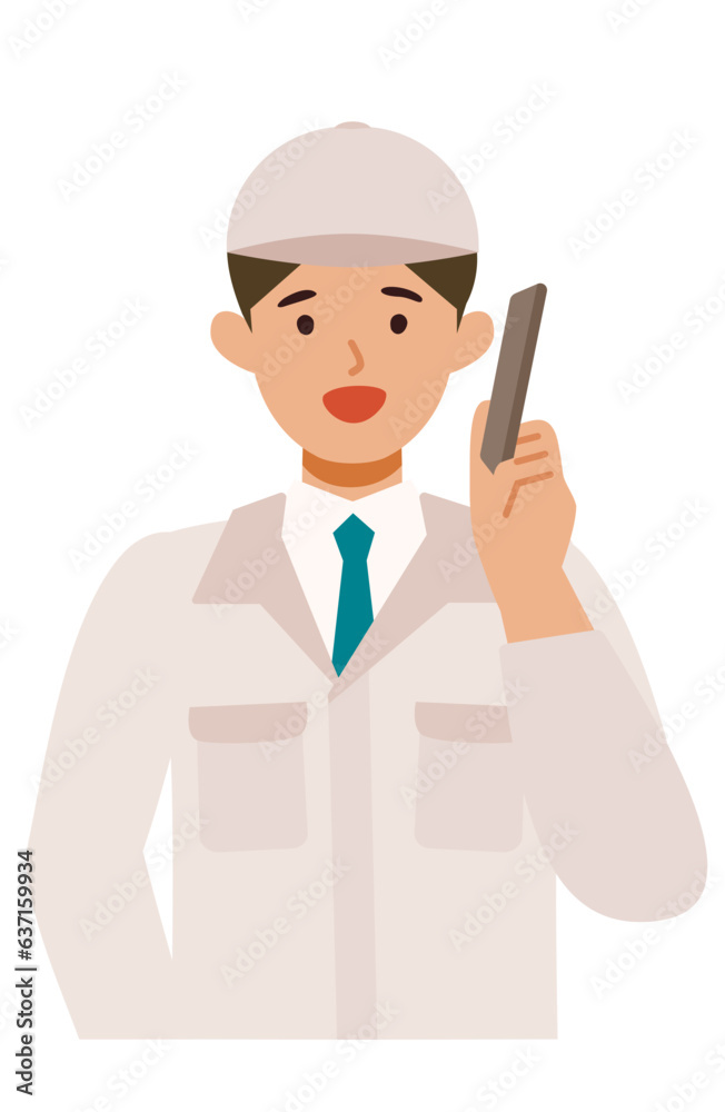Man wearing factory worker uniform. Factory worker Man cartoon character. People face profiles avatars and icons. Close up image of man using smartphone. Man wearing factory worker uniform. Factory worker Man cartoon character. People face profiles avatars and icons. Close up image of man using smartphone.