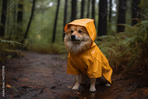 a dog wearing a raincoat in the forest © imur