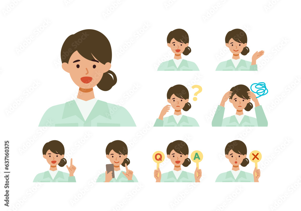 Woman wearing factory worker uniform. Factory worker Woman cartoon character head collection set. People face profiles avatars and icons. Close up image of smiling Woman. Woman wearing factory worker uniform. Factory worker Woman cartoon character head collection set. People face profiles avatars and icons. Close up image of smiling Woman.