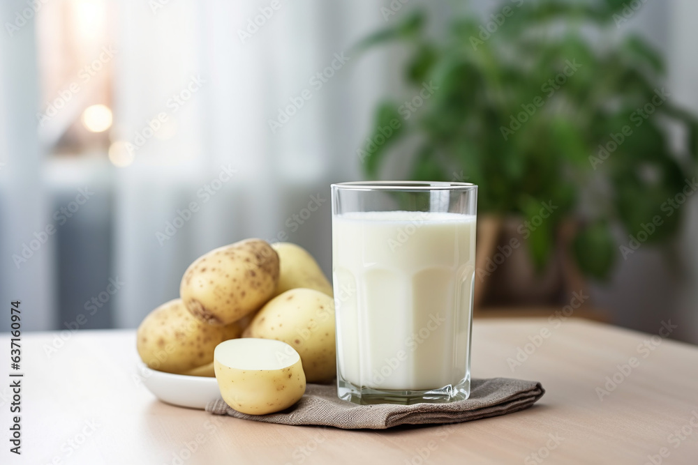 glass of milk. potato milk in a glass. alternative lactose free milk. potatoes in a bowl. food. vegetarian food