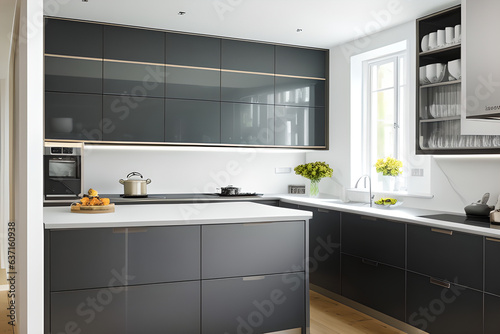 Murais de parede modern kitchen interior. luxury kitchen cabinets galley style
