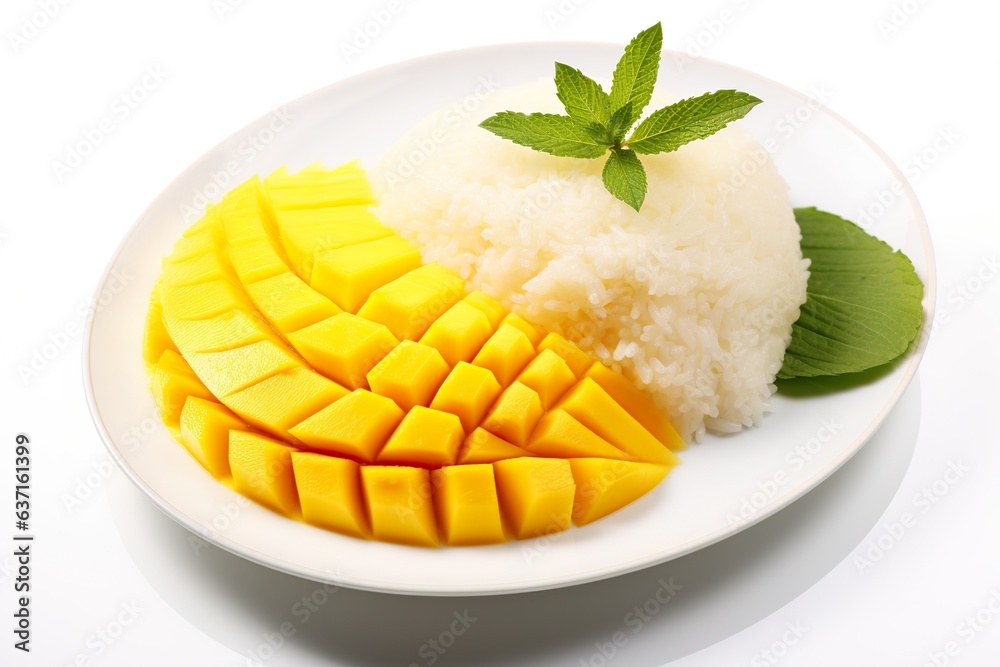a plate of Mango Sticky Rice, isolated on white background