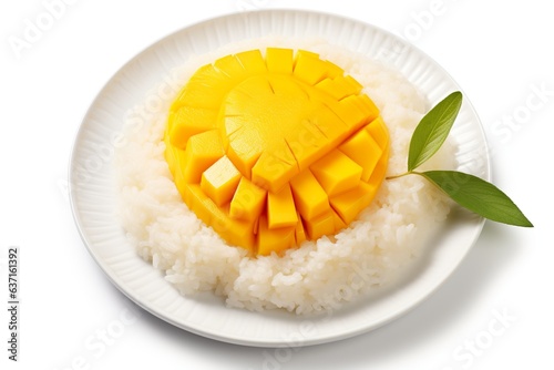 a plate of Mango Sticky Rice, isolated on white background