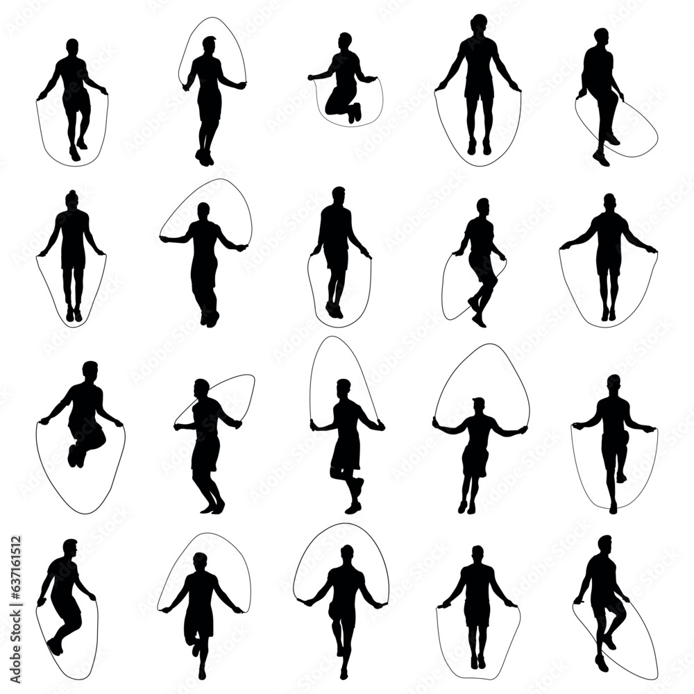 Set of vector silhouettes of men doing jump ropes - obrazy, fototapety, plakaty 